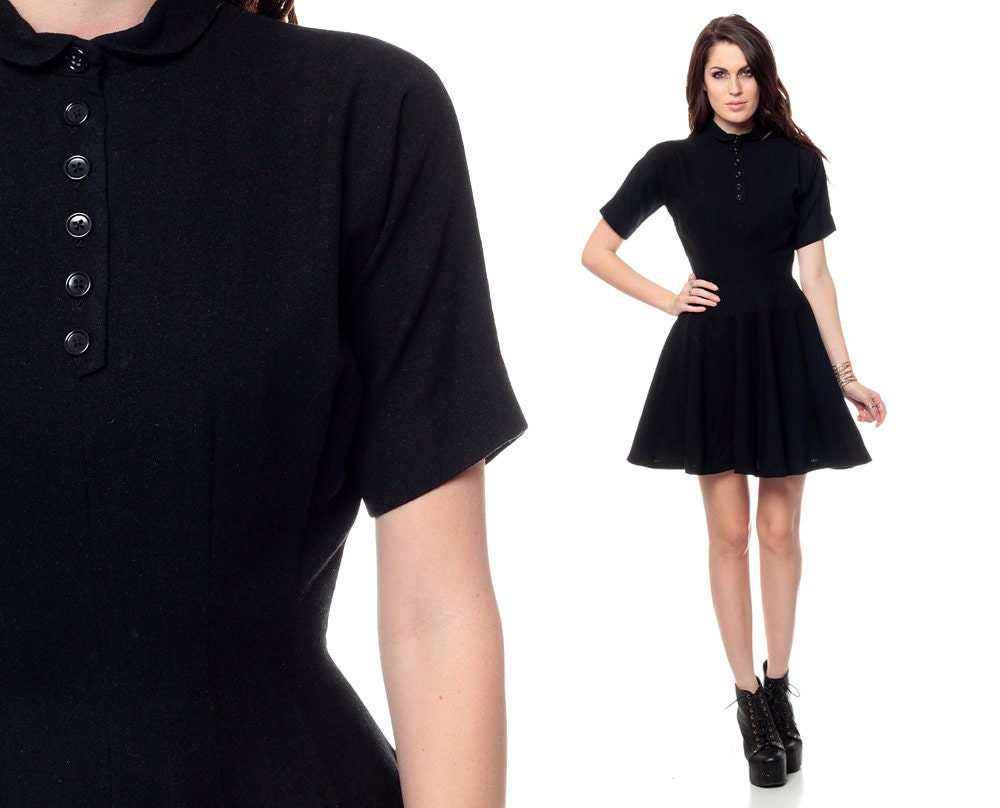 1960s Wool Dress Black Mini PETER PAN Collar 60s Mod Button Up 50s Full Skirt Vintage Mad Men short sleeve Dress Extra Small XS