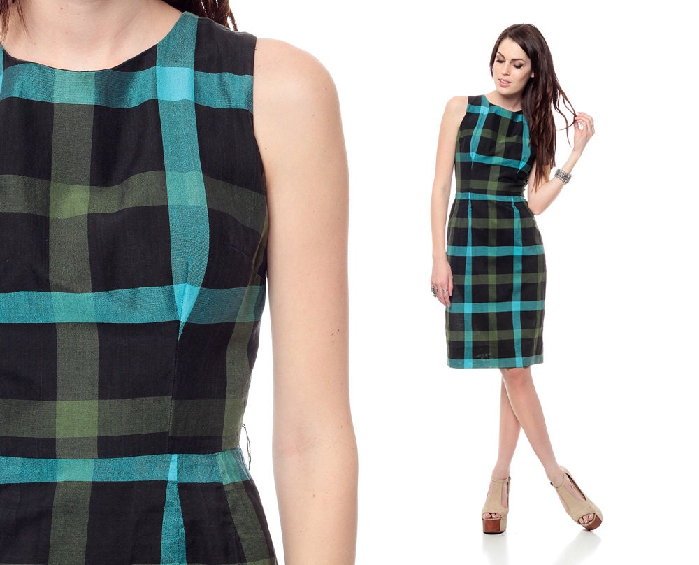 1960s Plaid Dress HOURGLASS Mad Men Black Cotton Wiggle Cocktail 60s Checkered Mini Sheath Vintage Sleeveless sixties Retro Day Dress Small