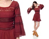 Hippie Mini Dress 70s BELL SLEEVE Crochet Lace Burgundy 1970s Cut Out Pintuck Bohemian Cotton Empire Waist Festival Babydoll Extra Small XS