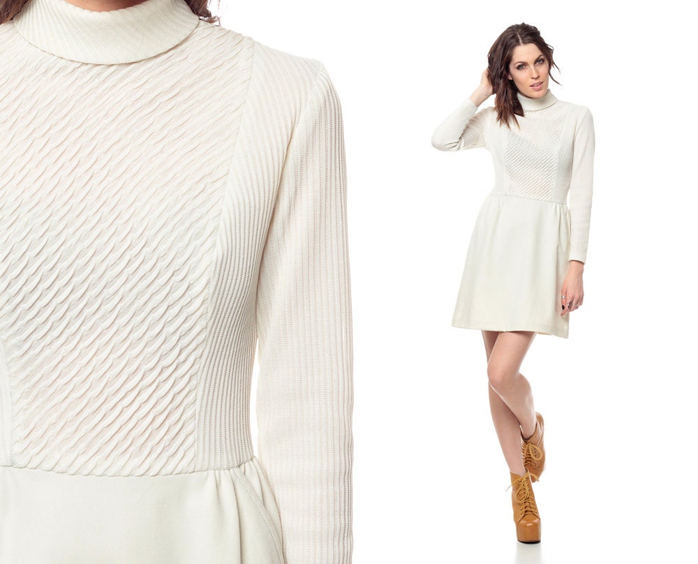 Cream Mini Dress 60s Mod TURTLENECK Babydoll 70s Long Sleeve Textured Wool Knit 1960s Vintage High Waisted Retro MiniDress Small