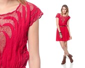 Cut Out Dress 70s PLUNGING Mesh Mini Bali Embroidered Boho 80s Cutout 1970s Hippie Cutwork Bohemian Vintage Raspberry Extra Small Medium Xs