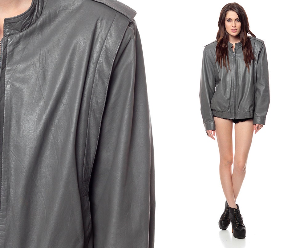 LEATHER Biker Jacket 80s Grey MOTO Coat Short Motorcycle Bomber 1980s Vintage Shoulder Epaulette Women Men Hipster Retro Jacket Medium Large