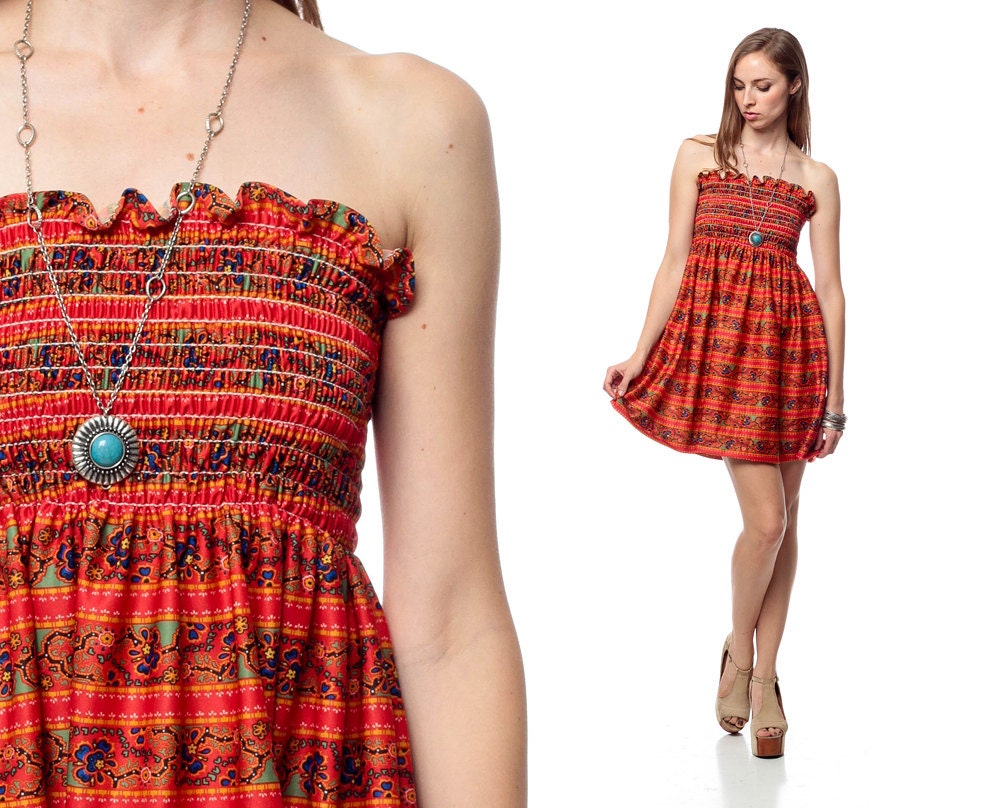 Boho Mini Dress Bohemian 70s STRAPLESS Smocked Red Floral Print 1970s Ruffle Hippie Vintage Striped Babydoll Empire Waist Small Medium