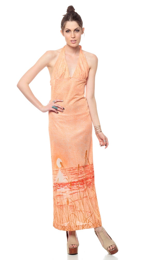 Bird Print Maxi Dress 1970s SEAGULL Halter Neck SUNSET Orange 1970s Backless Hippie Deep V Empire Long Vintage Dress Medium Large M L