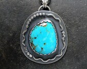 Sterling Silver Beaded Necklace with Turquoise Cabochon Gemstone