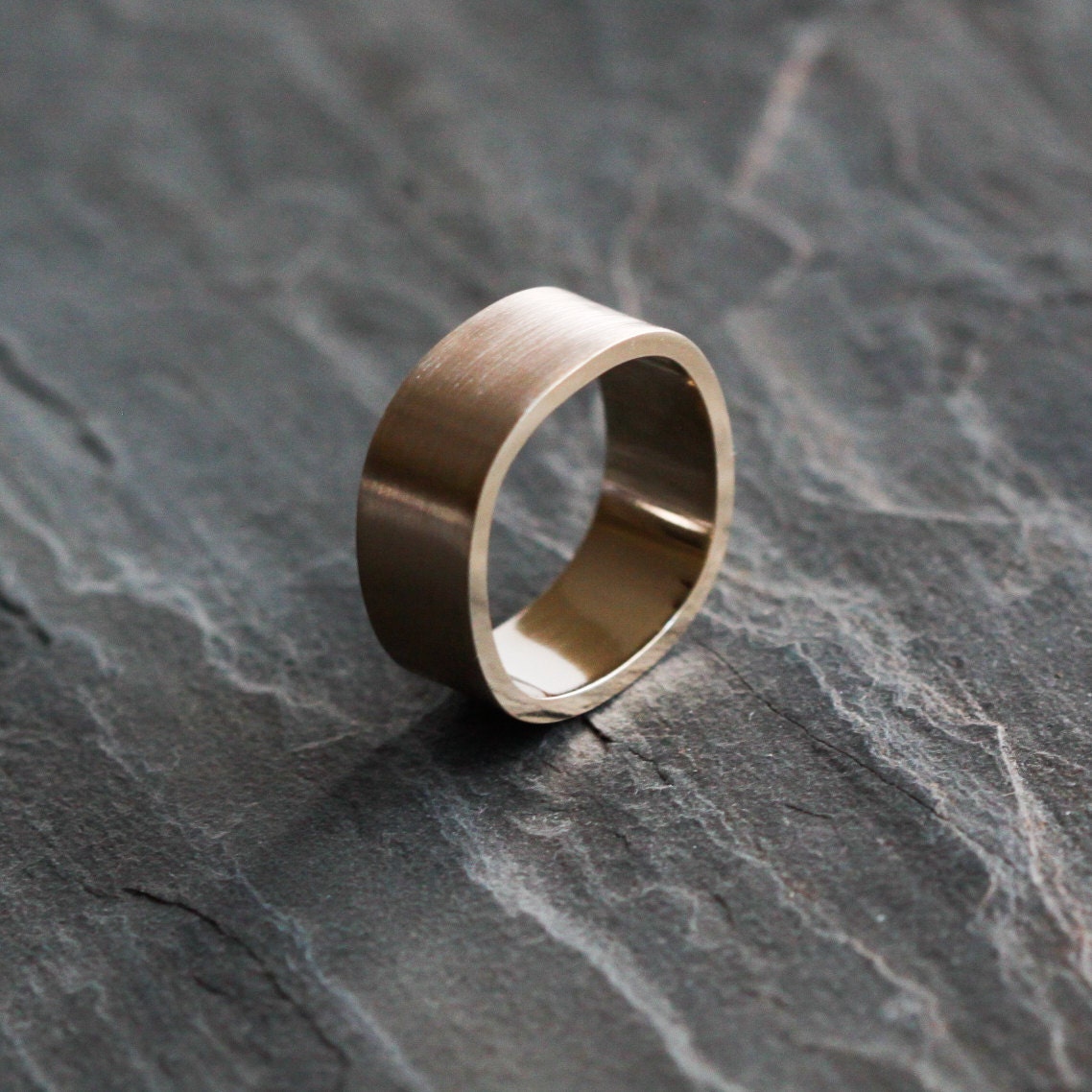 Solid 14K yellow gold band for men or women, modern squared design handmade of 8 mm extra thick band - "Gold Duality Ring - large sizes"