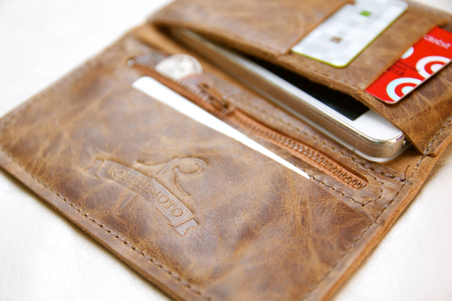 Leather iphone wallet in Distressed Chocolate Brown