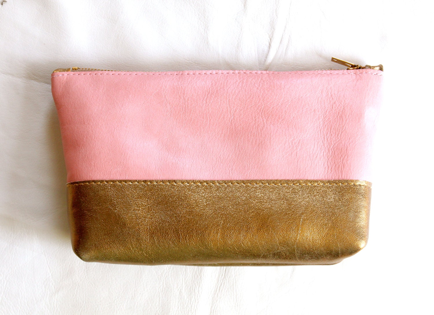 Leather Makeup Bag in Pink & Gold