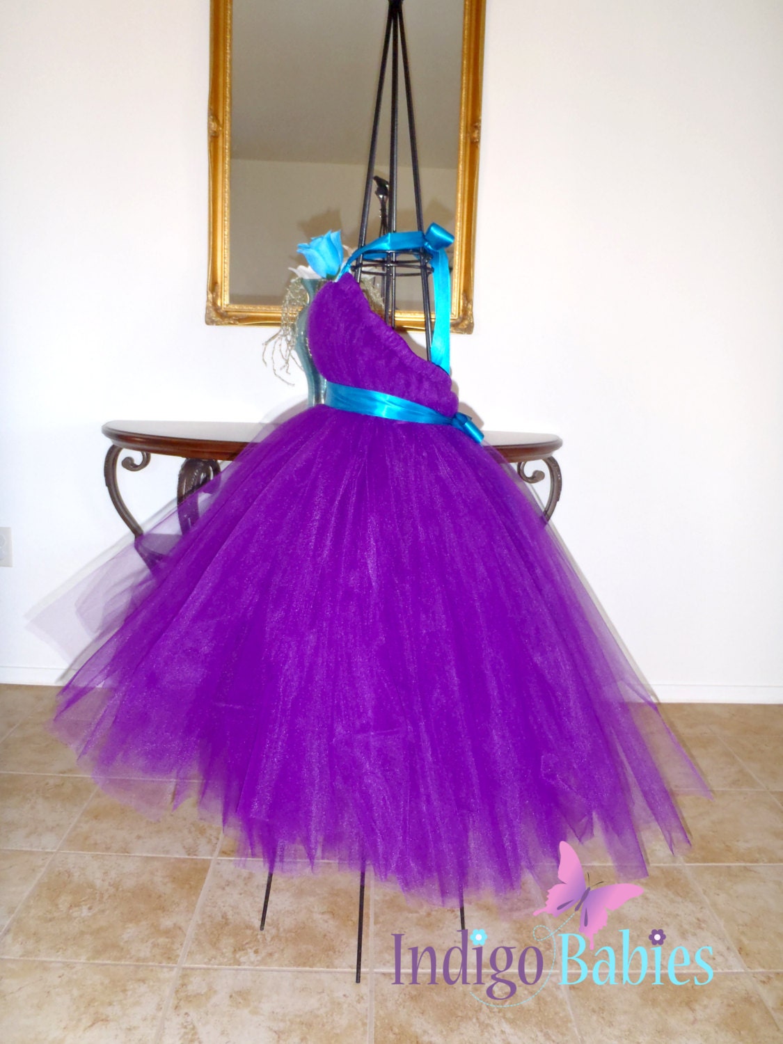 Tutu Dress, Flower Girl Dress, Plum Tulle, Turquoise Ribbon, Blue Rose, Fabric Flower, Portrait Dress, Wedding Flower Girl Dress
