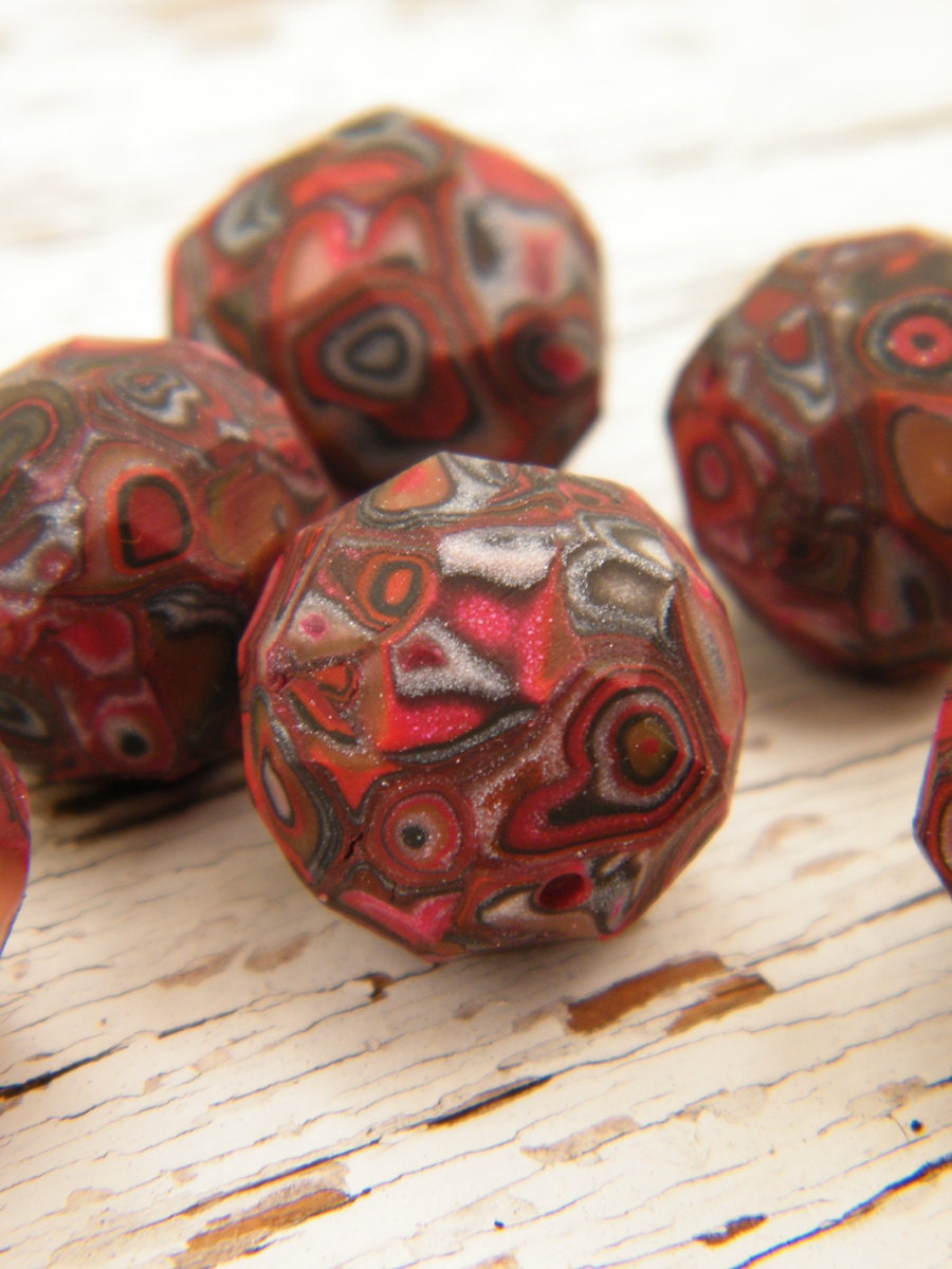 Red Spotted Agate polymer clay faceted cane beads - set of 2 beads (ready to ship)