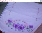 ON SALE- Vintage, Hand Embroidered, Table Runner, Dresser Scarf, White with Violets, Collectibles, Linens, Home Decor