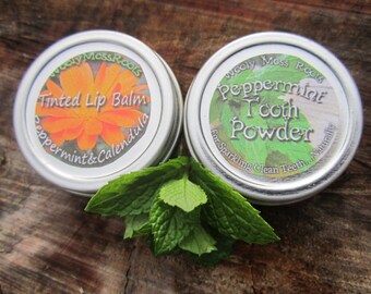 Tooth Powder & Tinted Lip Balm Set- Peppermint Set-Tinted Lip Balm and Mini Size Tooth Powder