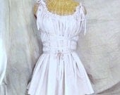 White Gretel Tunic Dress Ready to Ship Above Knee Length Graduation Corset Ribbon Tattered Womens