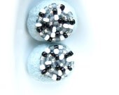 Set of 2 light sky blue felted round wool pebbles /  beads decorated with seed beads