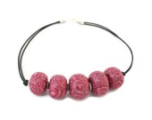 Burgundy Rose Beaded Necklace - Mothers Day Gift Millefiori Rose Flowers Deep Red Wine Oxblood - Chunky Necklace Bespoke Polymer Clay Design