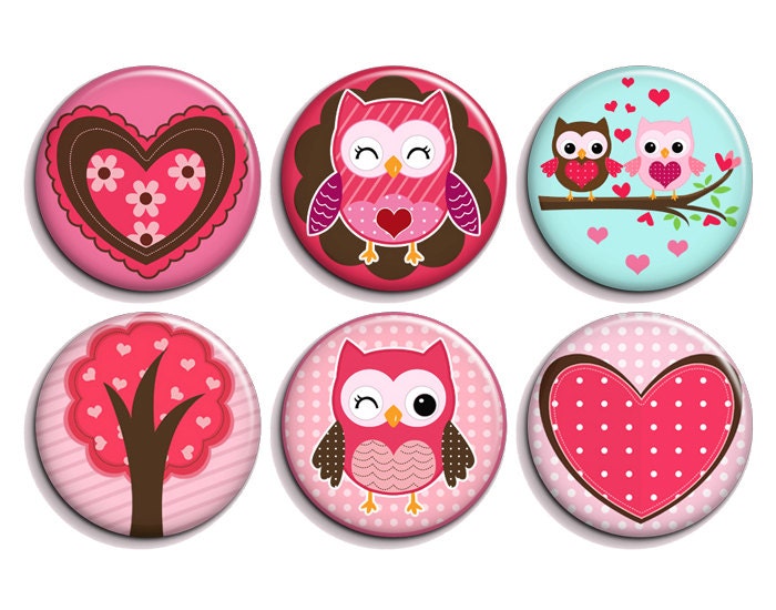 Owls and Hearts (Set of 6) 1 Inch fridge MAGNETS - cute owl decor, owl magnets, owl party favors, valentine owls, valentine day favors