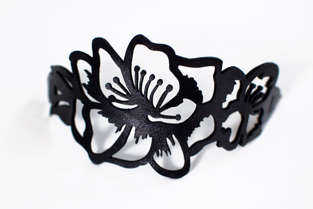 Leather Cuff Bracelet - "Lily" Bracelet in Black Leather -