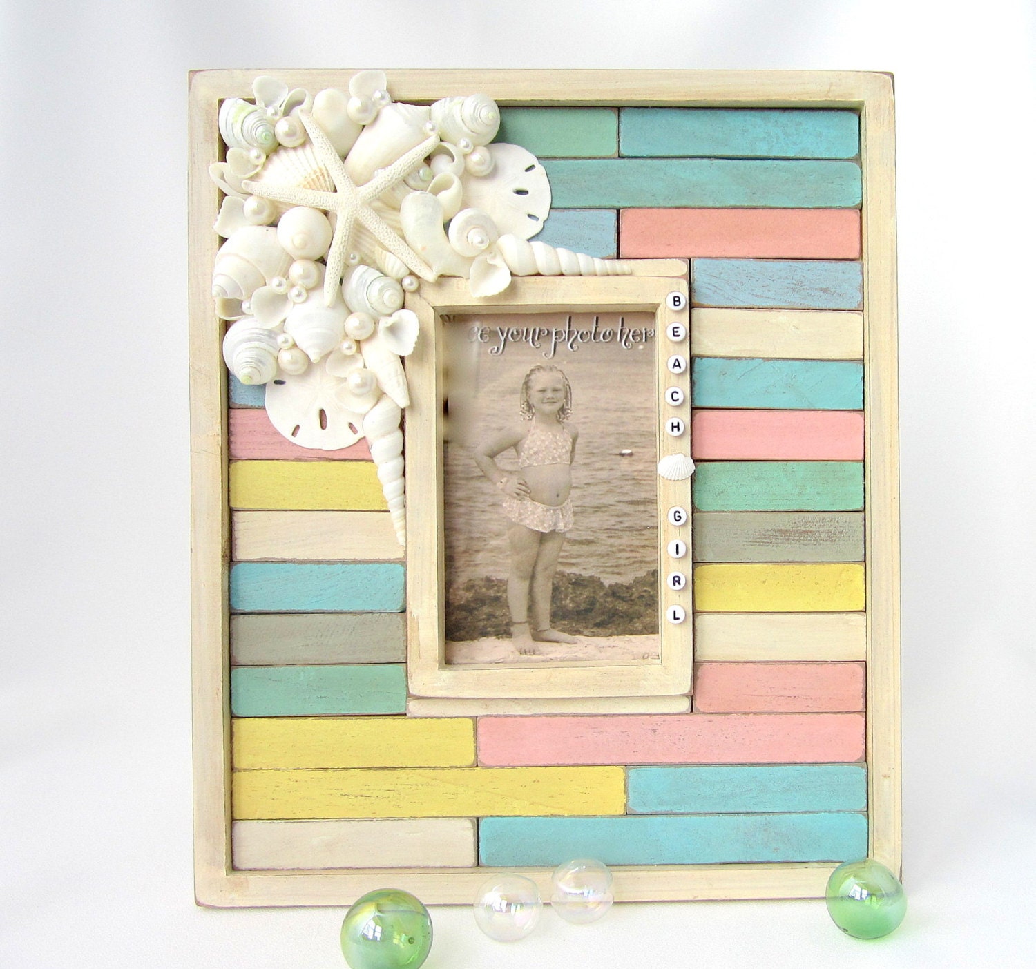 Beach Decor Shell Frame - Nautical Pastel Barnwood Girls Frame w Seashells, Starfish, "Beach Girl" Text