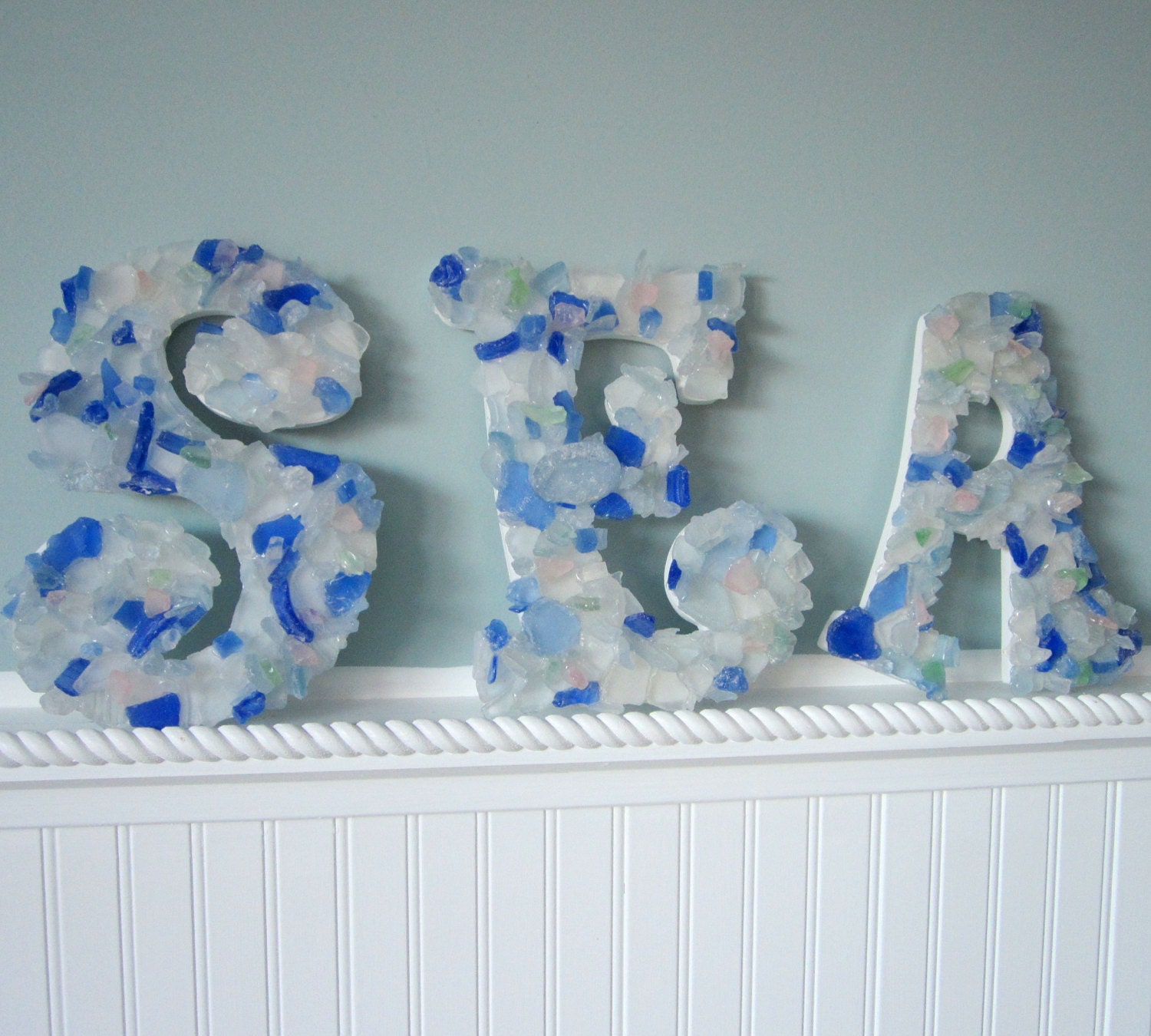 Beach Decor 3 Sea Glass Letters - Nautical Beach Glass Wall Letters in Your Color - Any 3