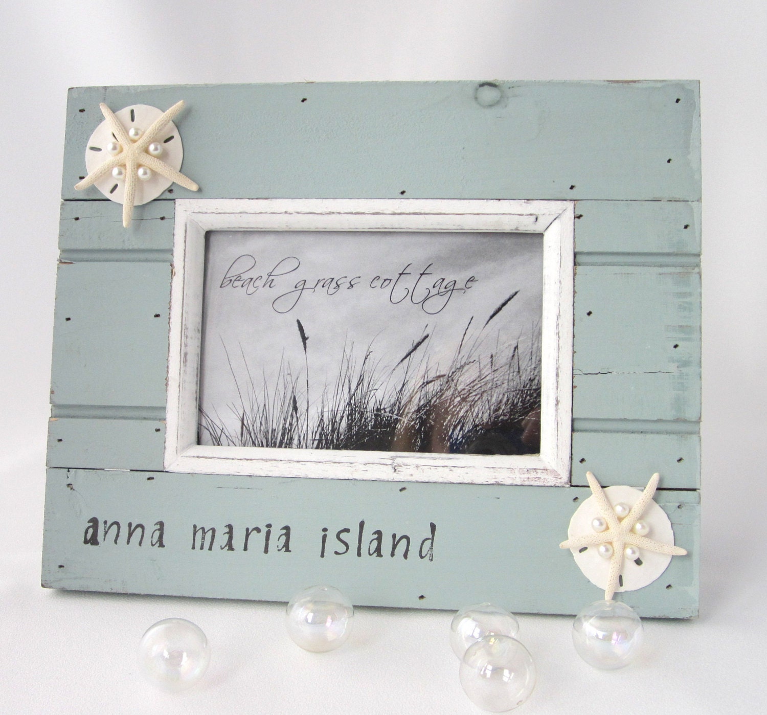 Beach Decor Seashell Frame - Nautical Aqua Cottage Frame Can be Personalized, 4x6