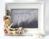 Beach Decor Seashell Frame - Nautical White Shabby Chic Frame w Shells & White Starfish - 8x10