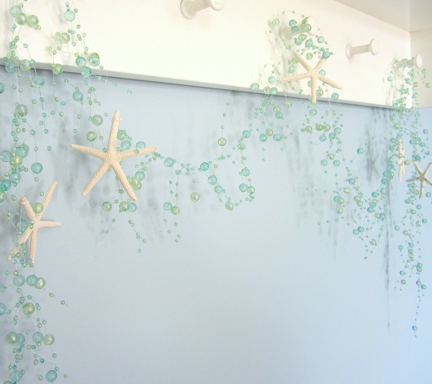 Beach Decor Starfish Beaded Garland - Nautical Garland, Aqua Bead Plus White Star Fish, 5FT