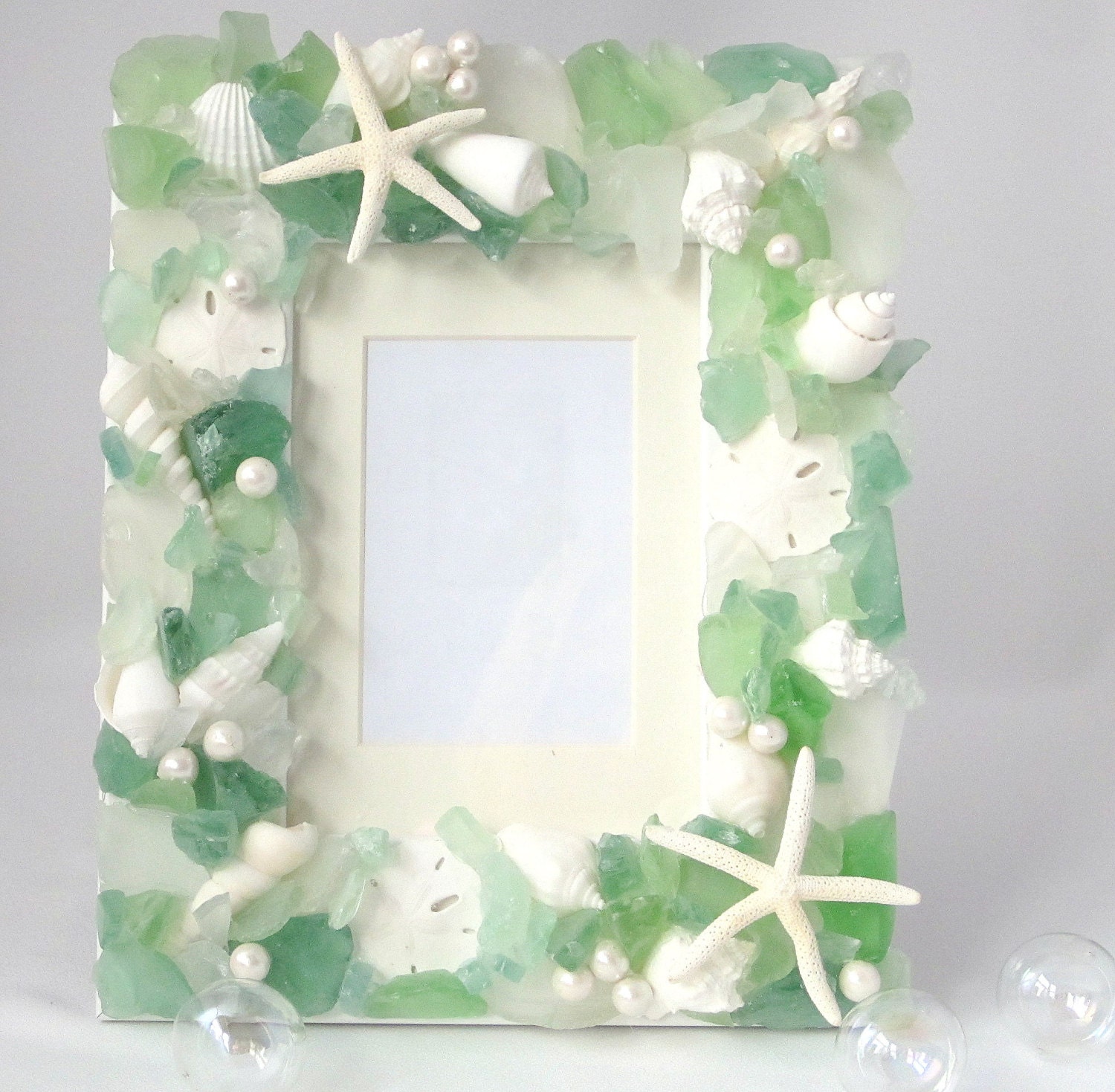 Beach Decor Sea Glass & Seashell Frame - Nautical Shell Frame w Beach Glass, Starfish, Pearls, 5x7 Green