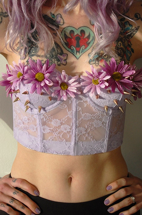 Lavender Crop Lace Bustier Embellished with Rose Gold Spikes and Purple Flowers small