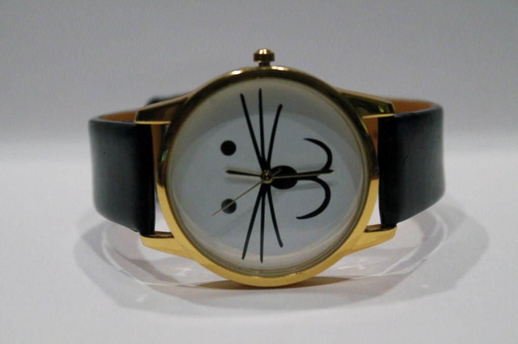 Adorable Little Cat or Mouse White Face with Black Leather Watch with Gold Watch Face - occreations