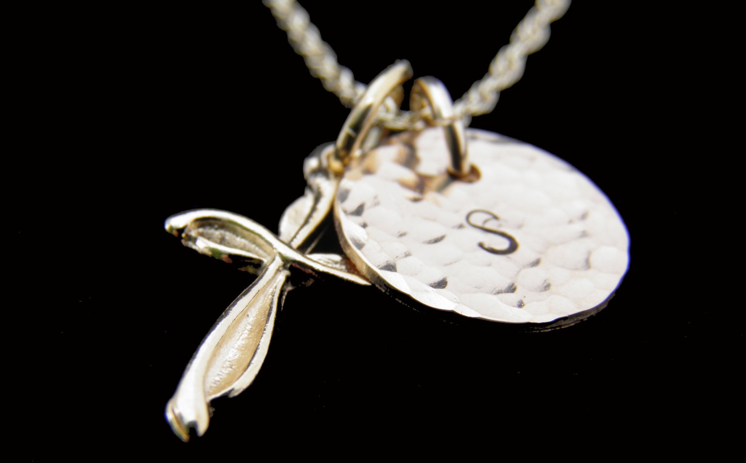 Personalized Initial and Cross Gold Necklace - Custom Hand Stamped