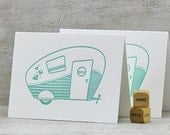 Retro Camper Letterpress Folded Note Card Set - Retro Camper, Vintage Camper, Travel Trailer, Airstream, Aqua Blue (Set of 3)