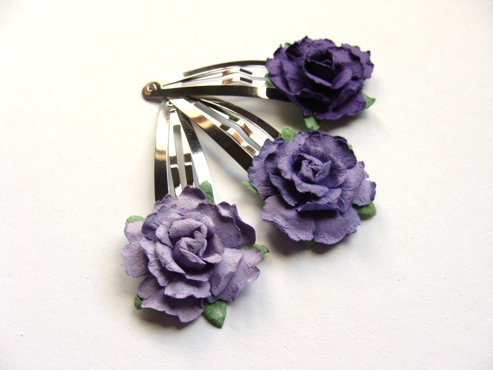 Cabbage Rose flower hair clip trio - lilac on silver