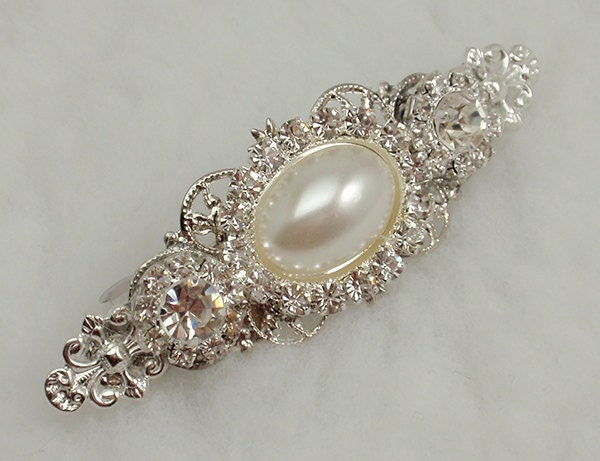 Rhinestones and Pearl Barrette Hair Accessories, Vintage, Victorian, Baroque, Wedding, Bridal with Gift Box