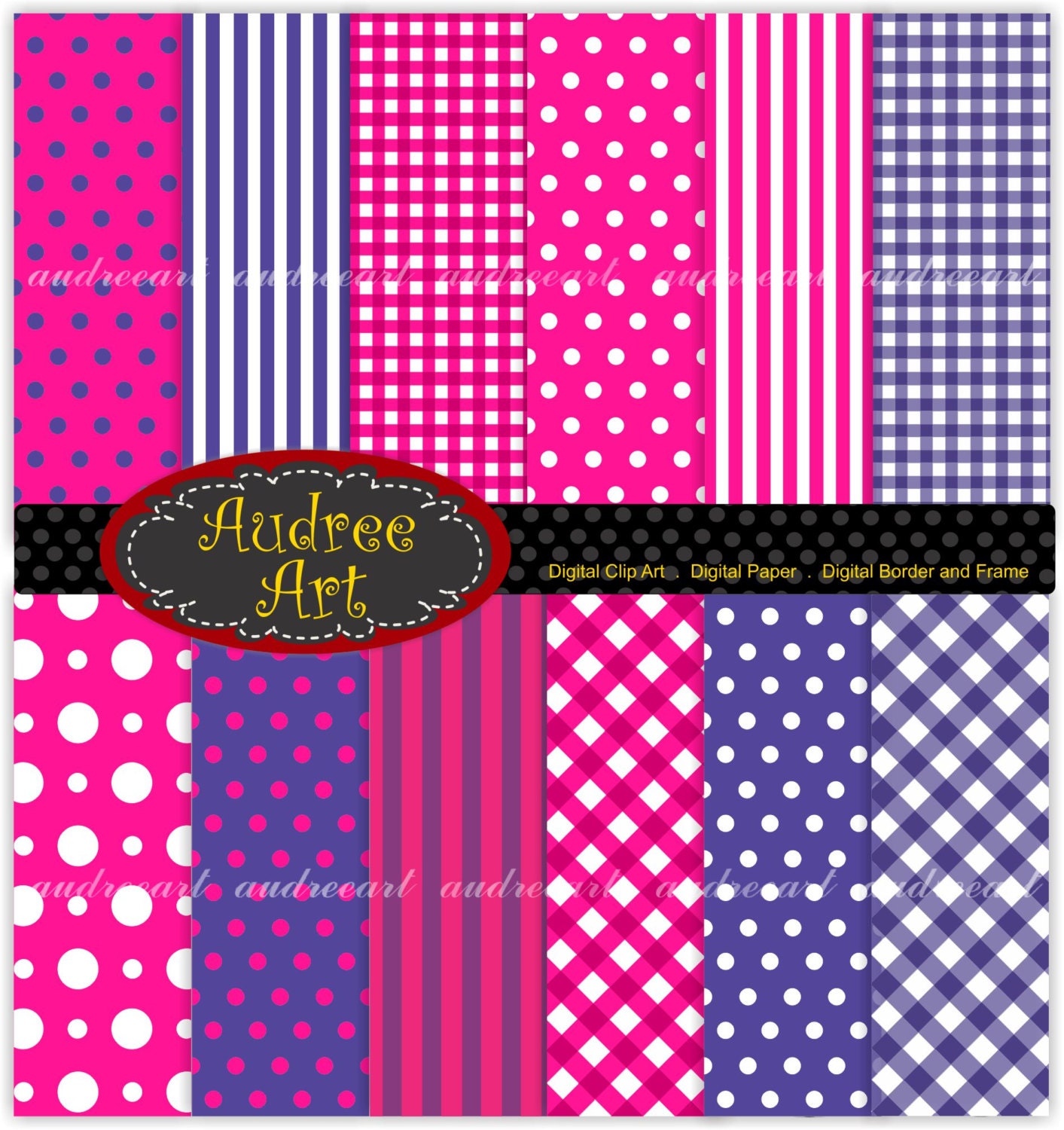 Digital paper, digital backgrounds , check pattern , chevron paper , polkadots -No 41 , 12 sheets , bright blue , hot pink color
