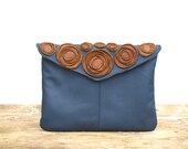 Ocean Leather Clutch, Envelope Clutch, Laptop Case, Oversized Clutch, Coctail bag, Formal Clutch, Flower Purse - Navy bag,  june inspired
