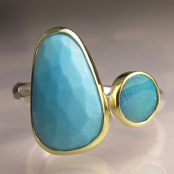 Rose Cut Sleeping Beauty Turquoise  and Opal Ring - 18k Yellow Gold and Sterling Silver Cocktail Ring
