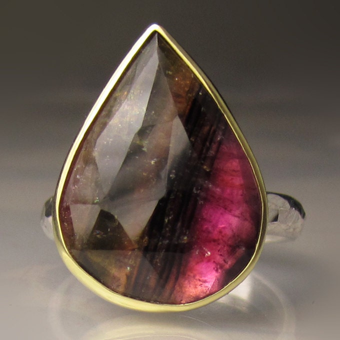 Rose Cut Striped Tourmaline Ring - 18k Yellow Gold and Sterling Silver