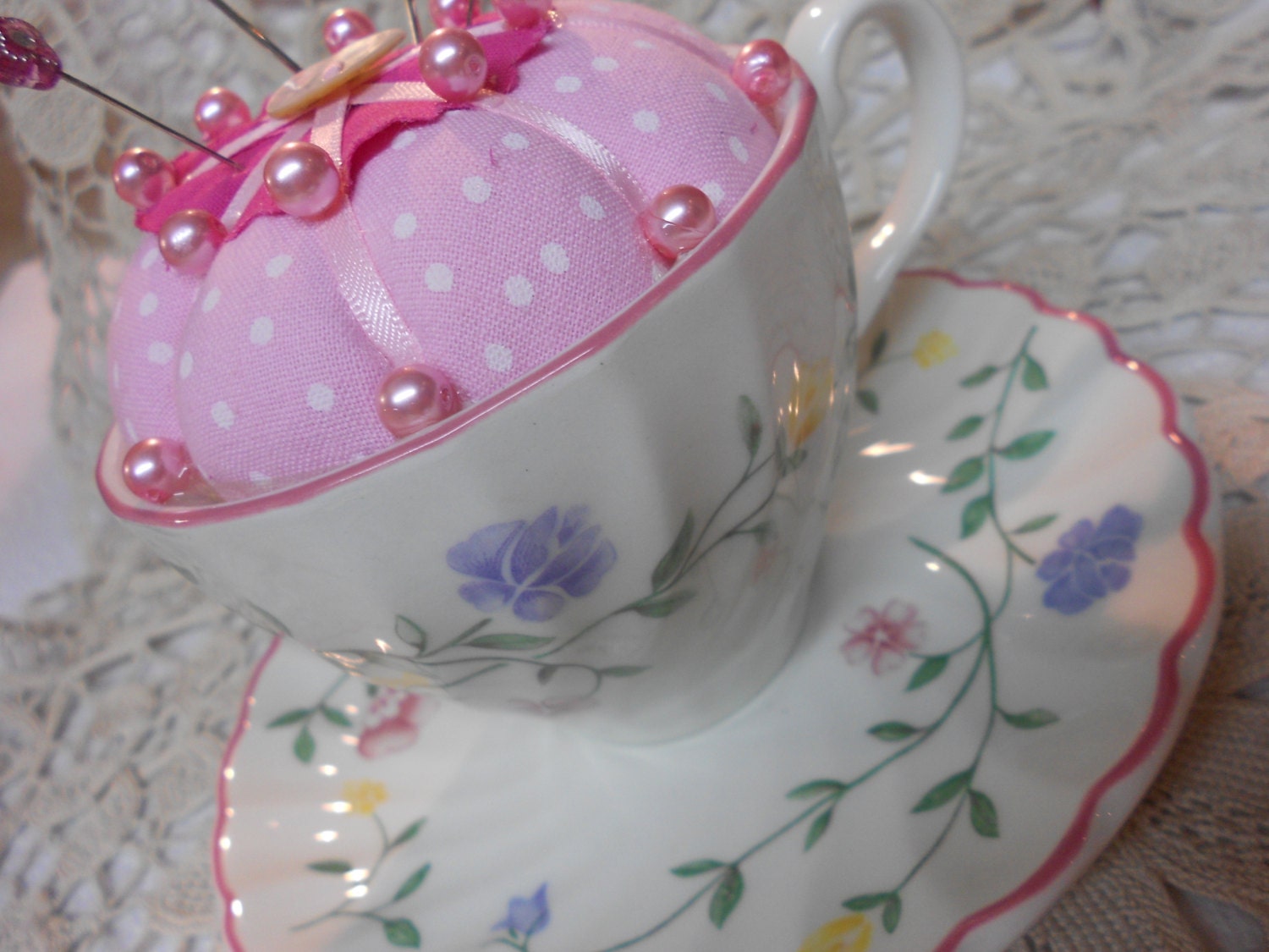 Vintage Cup Pin Cushion and Pins