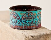 Turquoise Leather Jewelry / Cuff - Wristband - Bracelet  - Women's - Bohemian - Upcycled  - Festival