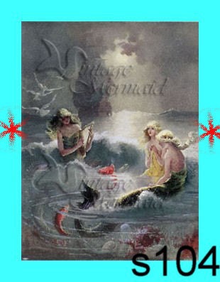 s104 Mermaid Fabric Victorian Mermaids Postcard Cotton Fabric Block Panel Applique 5 x 7