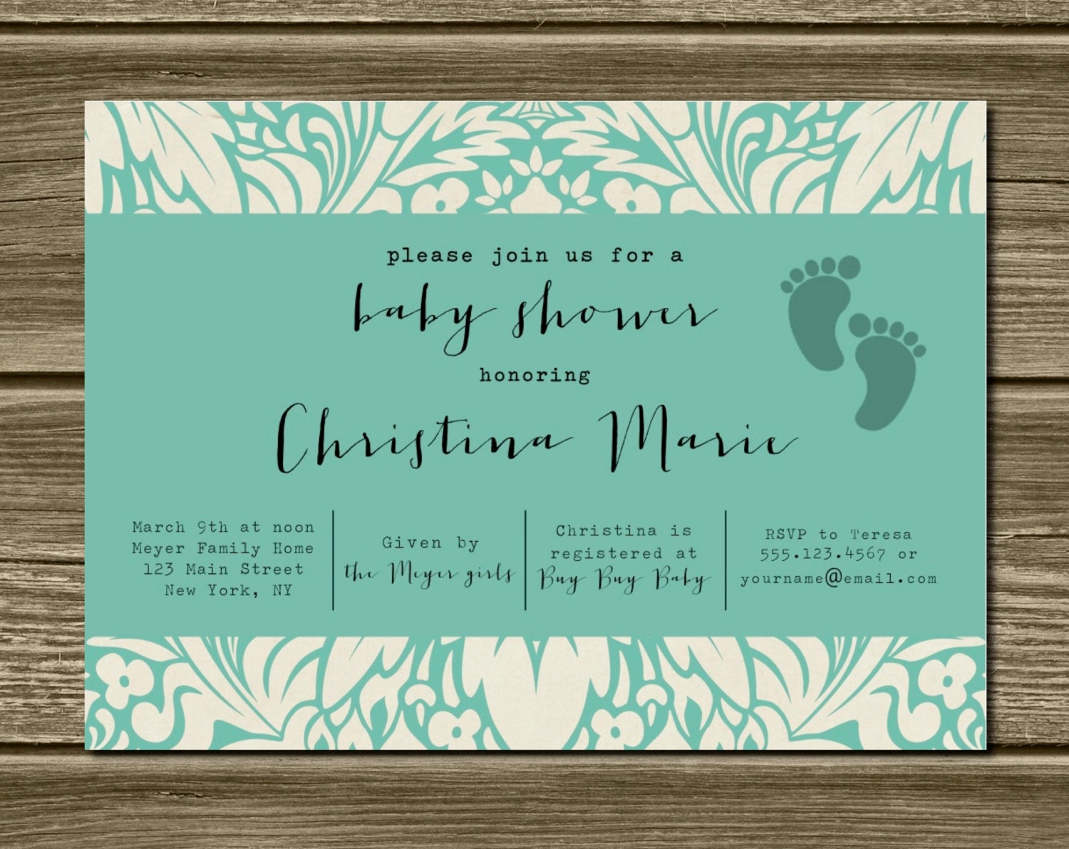 SALE - Digital Printable Elegant Damask Baby Feet Invitations. DIY. Printable. Custom Baby Shower Invites. Elegant Invitations. Baby Feet.