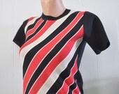 Rare Japanese Vintage Crew Neck Polyester Top 60s 70s Tshirt Summer Diagonal Striped Red White Blue Stripes Ladies Small