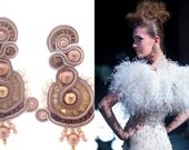 bronze & yellow earrings ,  statement soutache jewelry , swarovski and gold , cocktail earrings , summer trends