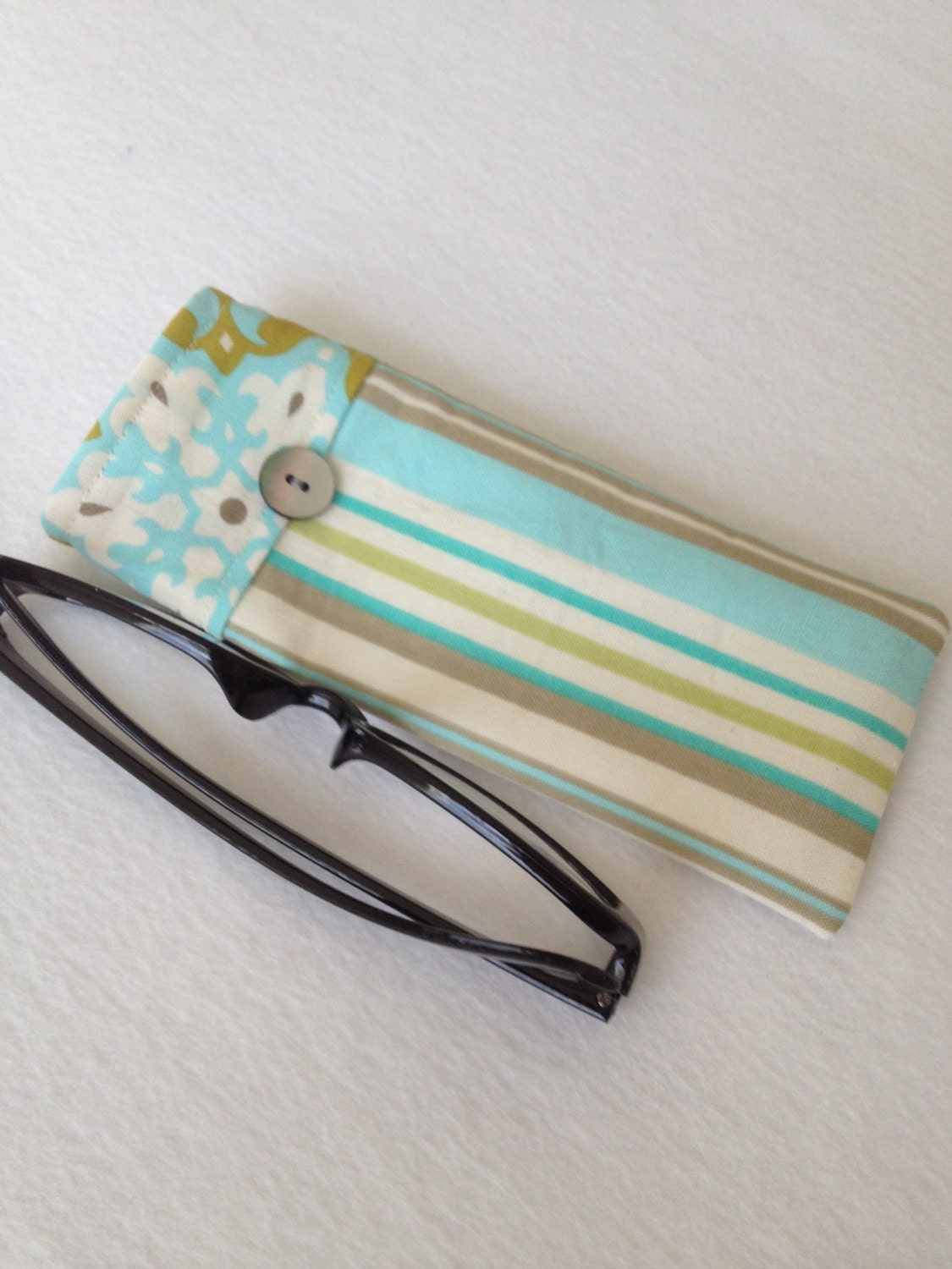 Reading Glasses Case - blue, gray, ivory and mustard striped  Amy Butler cotton fabric, small, soft eyeglasses sleeve, readers cozy