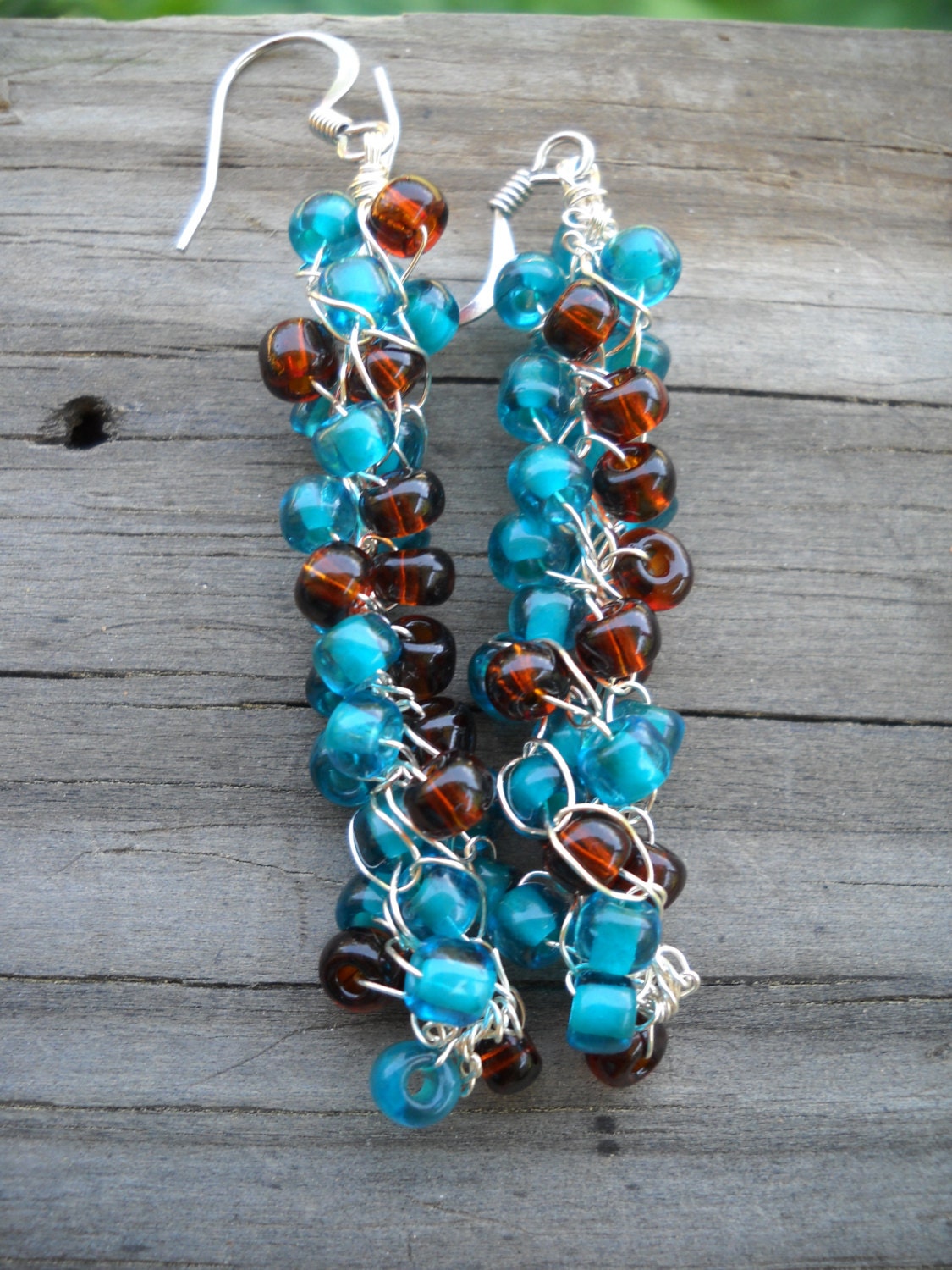 Blue and Brown Beaded Crochet Earrings Set Available Many Color Options Hypoallergenic