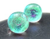 Stud Earrings in Dichroic Fused Glass Sparkling, Double Dichroic Glass Green Mermaid Tears 10mm