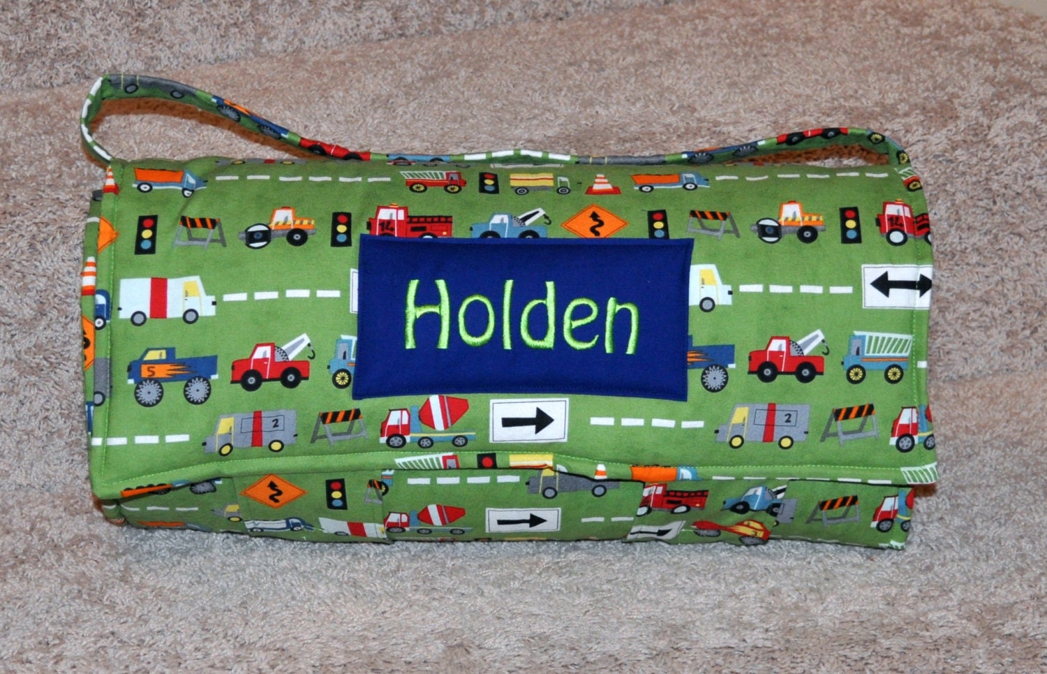 Nap Mat - Monogrammed Ten Little Things Green Trucks Nap Mat with Navy Double-sided Minky Blanket