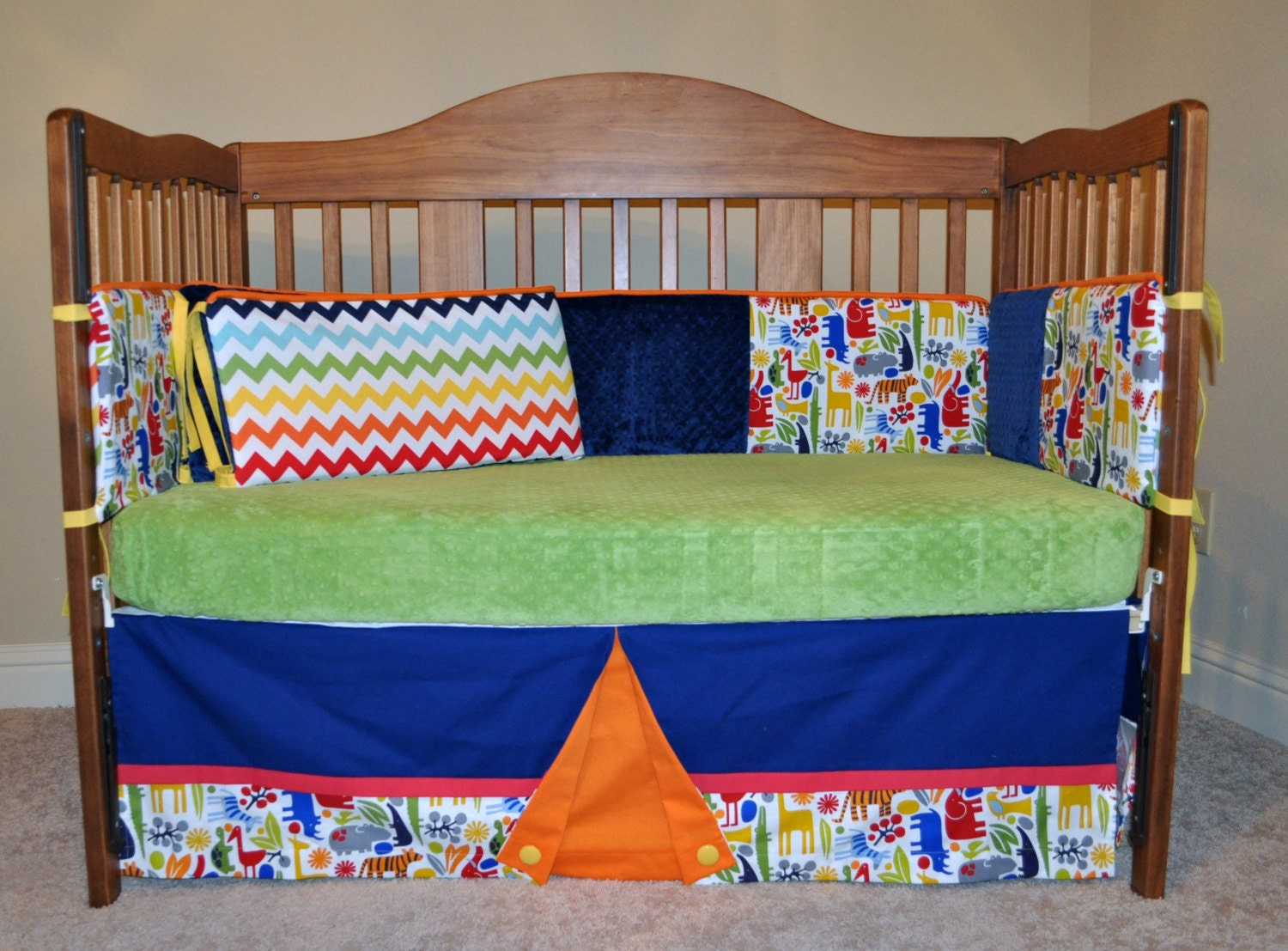 Crib Bedding - Custom Monogrammed/Personalized 2D Zoo in Primary, Chevron - Alexander Henry - 3 Piece Bedding Set