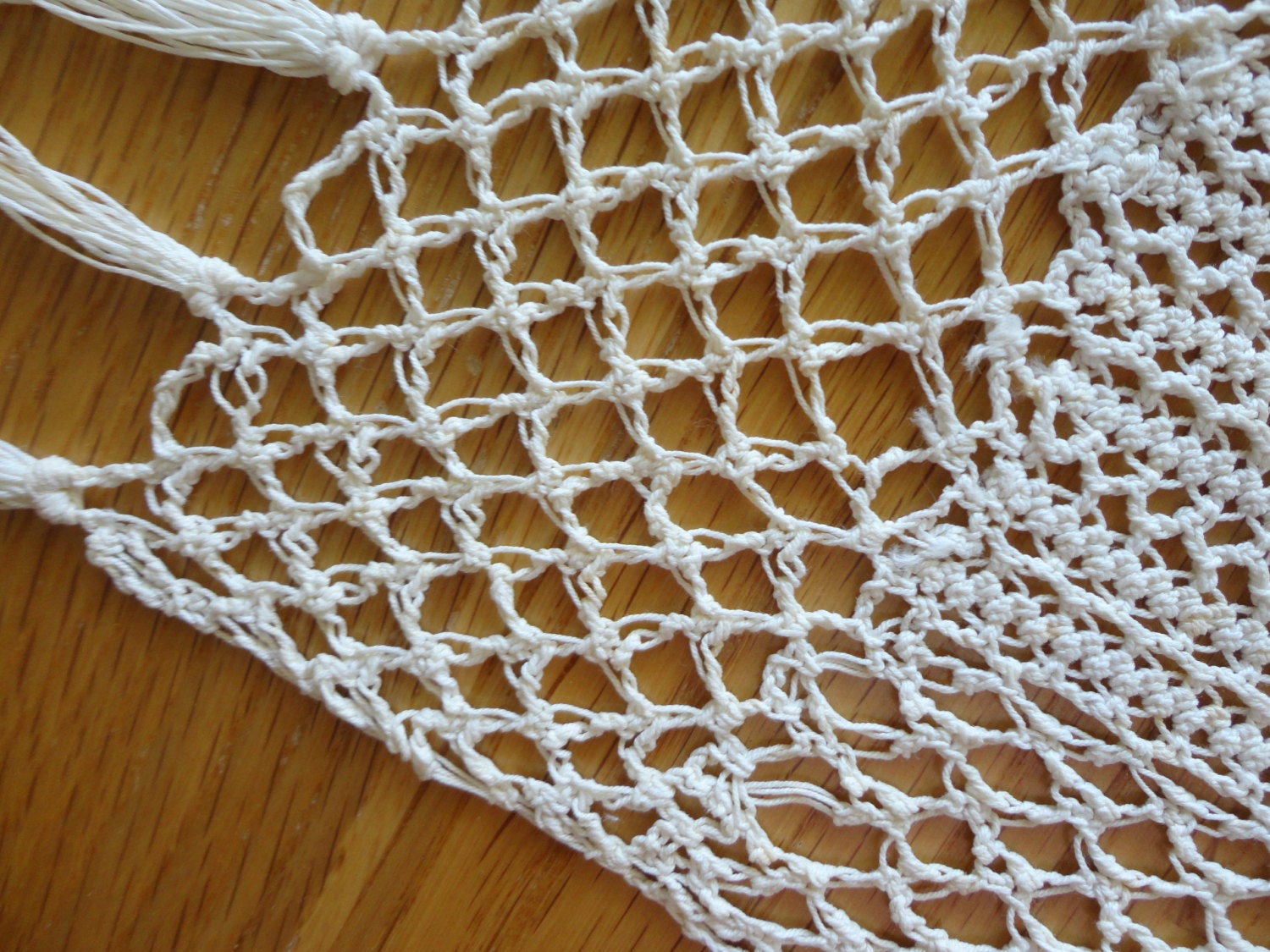 Antique Knitted Crochet Table Runner With Fringe