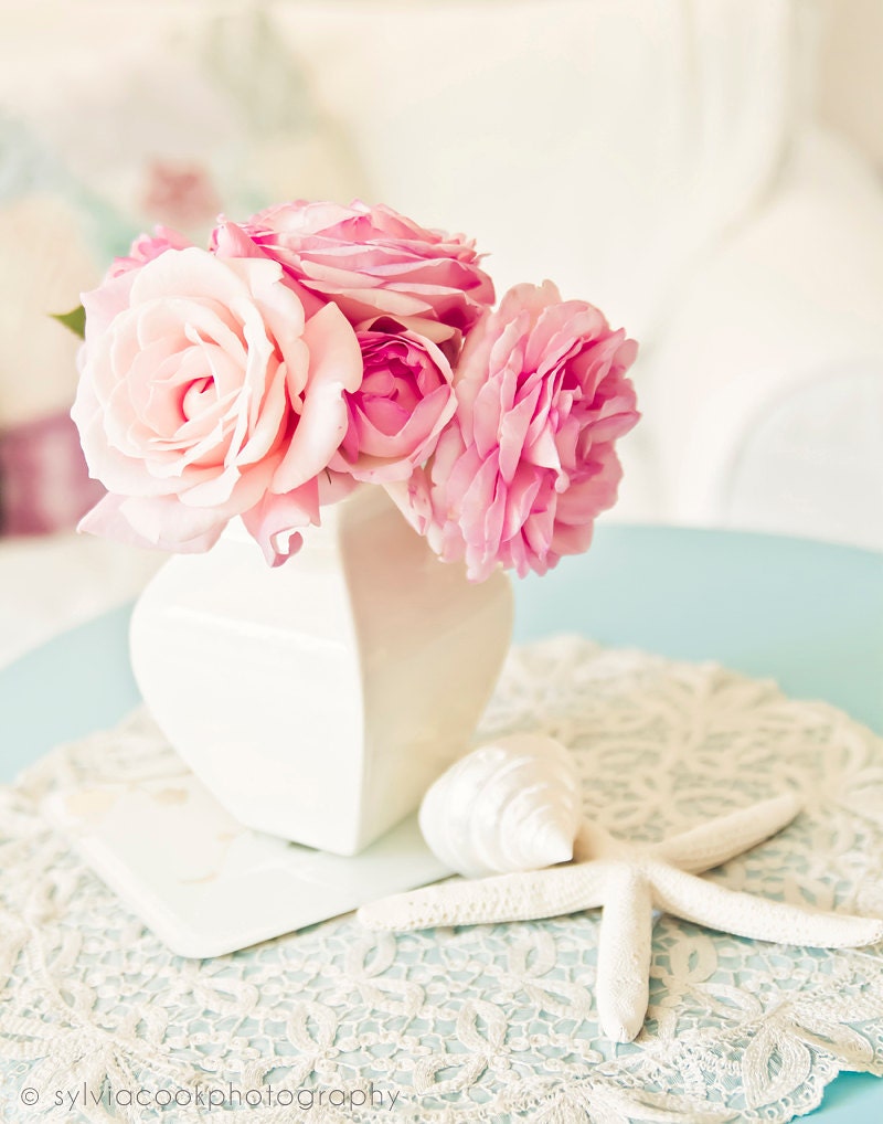 Shabby chic home decor, "pink roses and starfish" fine art print, spring home decor, cottage decor, pastel photograph, pink, aqua, white